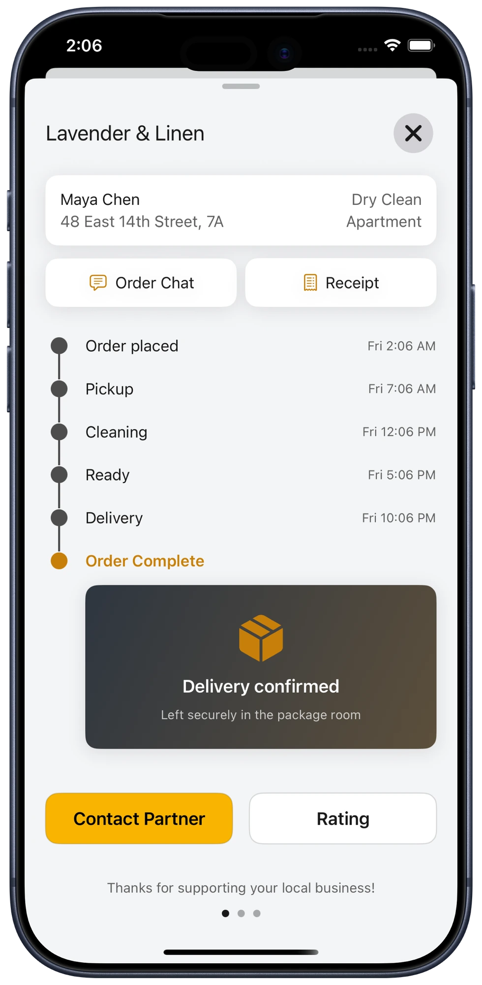 Completed laundry delivery in the Bubblē app