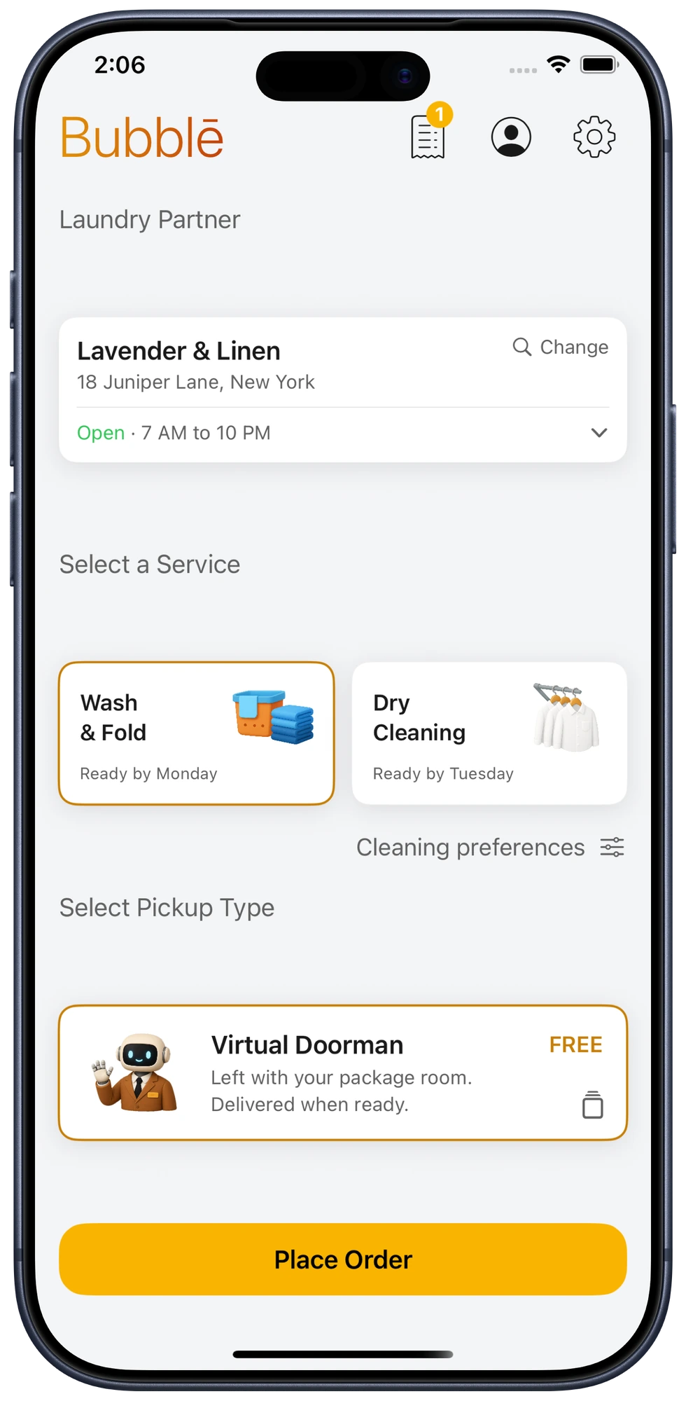 Bubblē customer app showing a new laundry order
