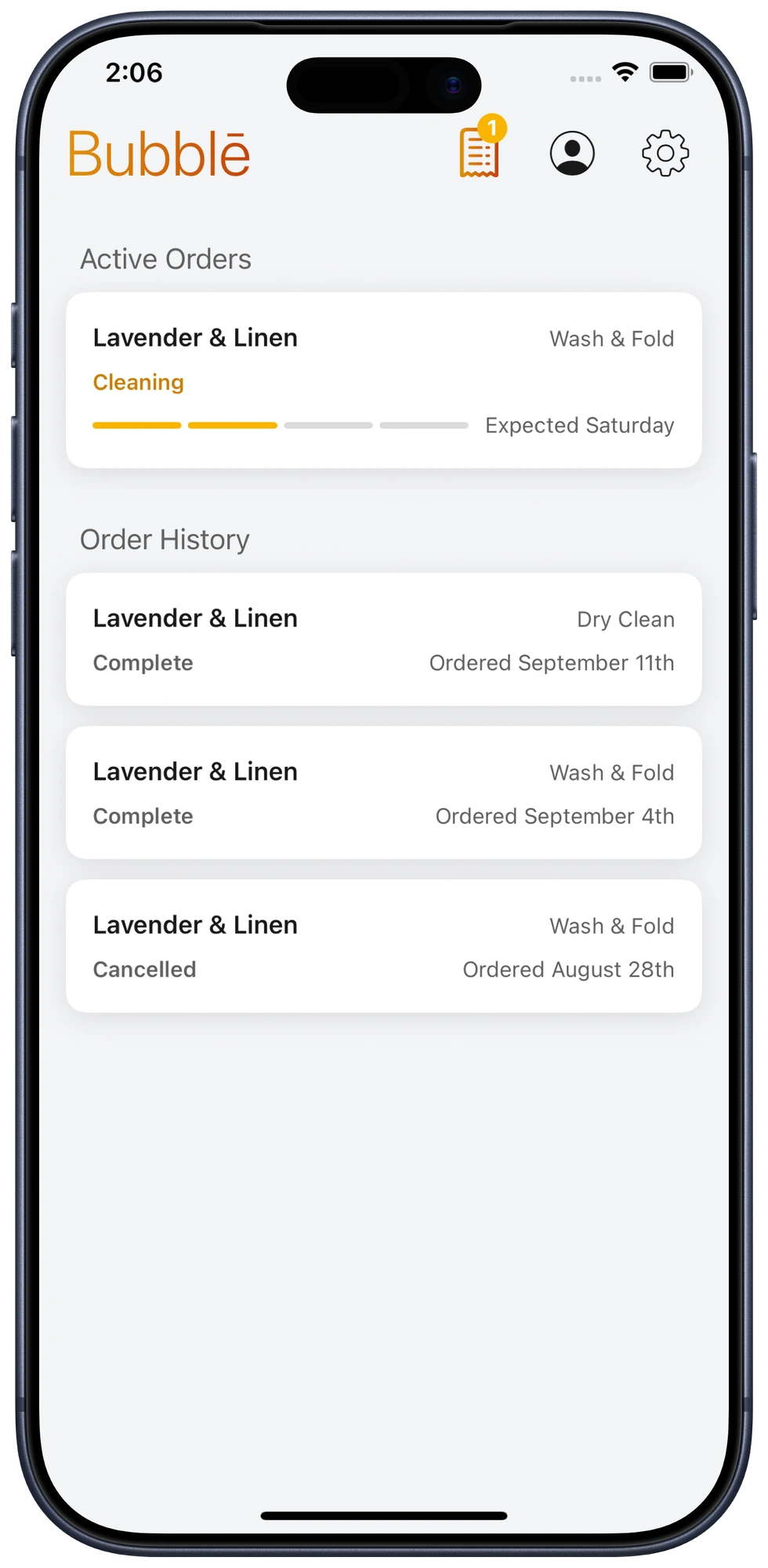 Current and past orders in the Bubblē app
