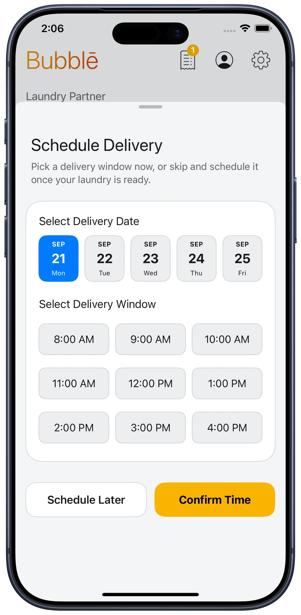 Scheduling laundry delivery in the Bubblē app