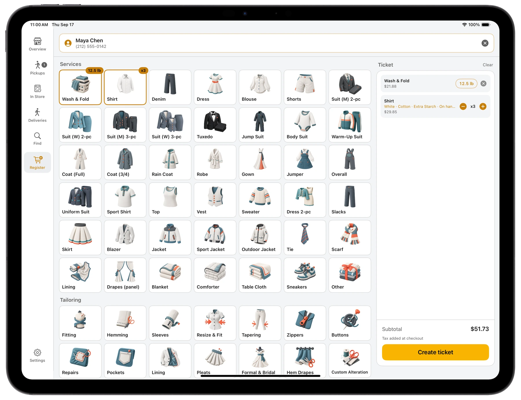 Bubblē point-of-sale service catalog and ticket on iPad