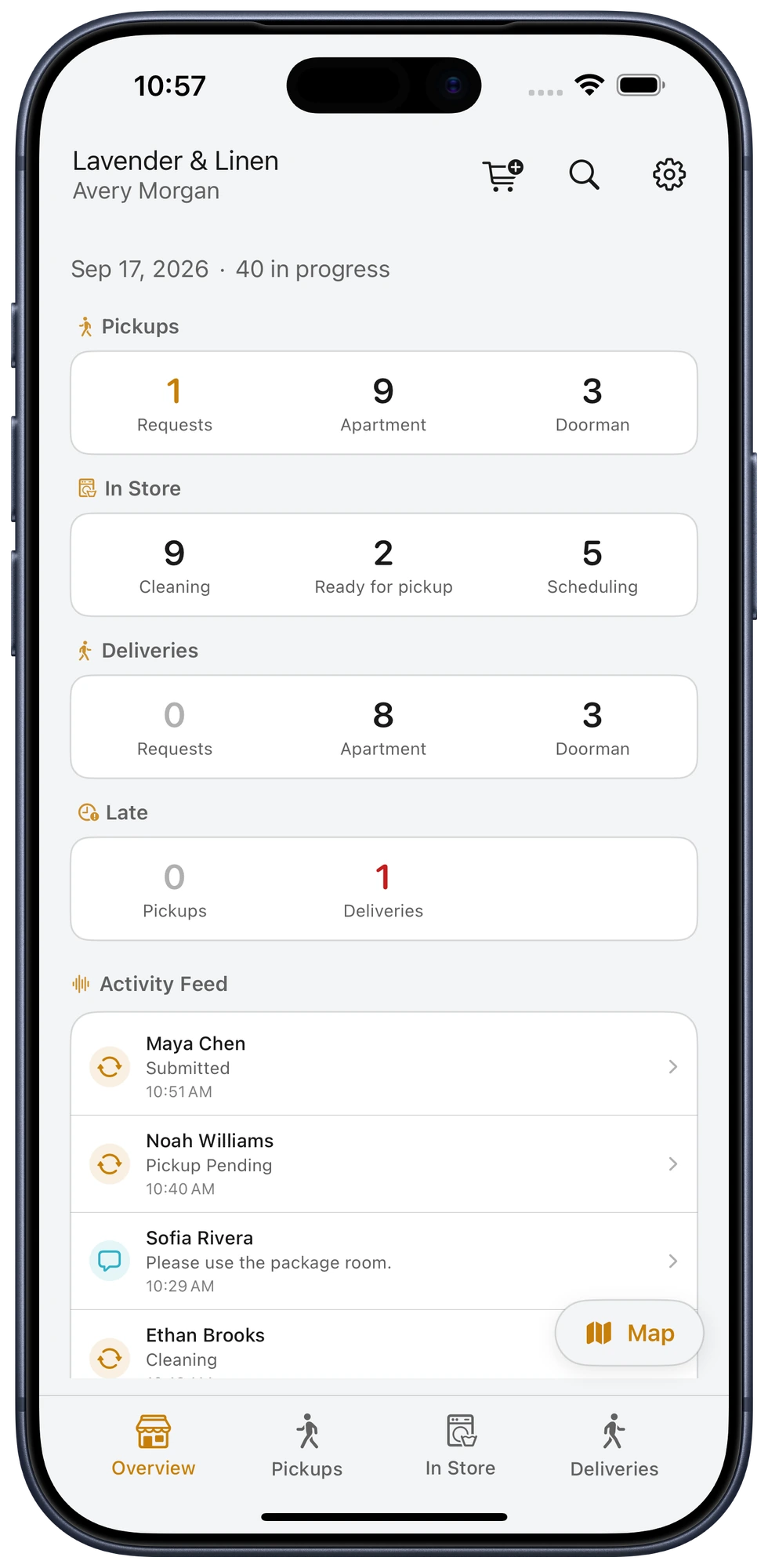 Bubblē Vendor overview showing pickups, in-store orders, deliveries, and activity