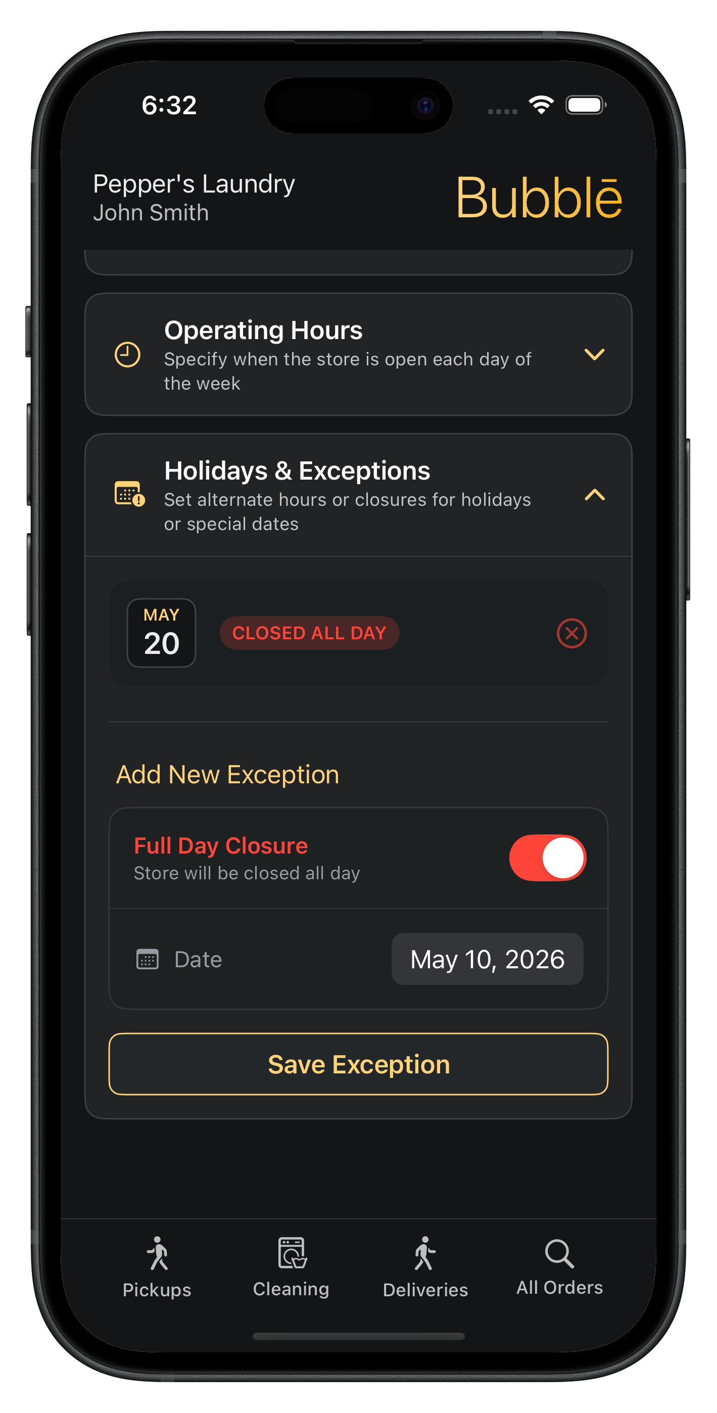 Holidays and exceptions