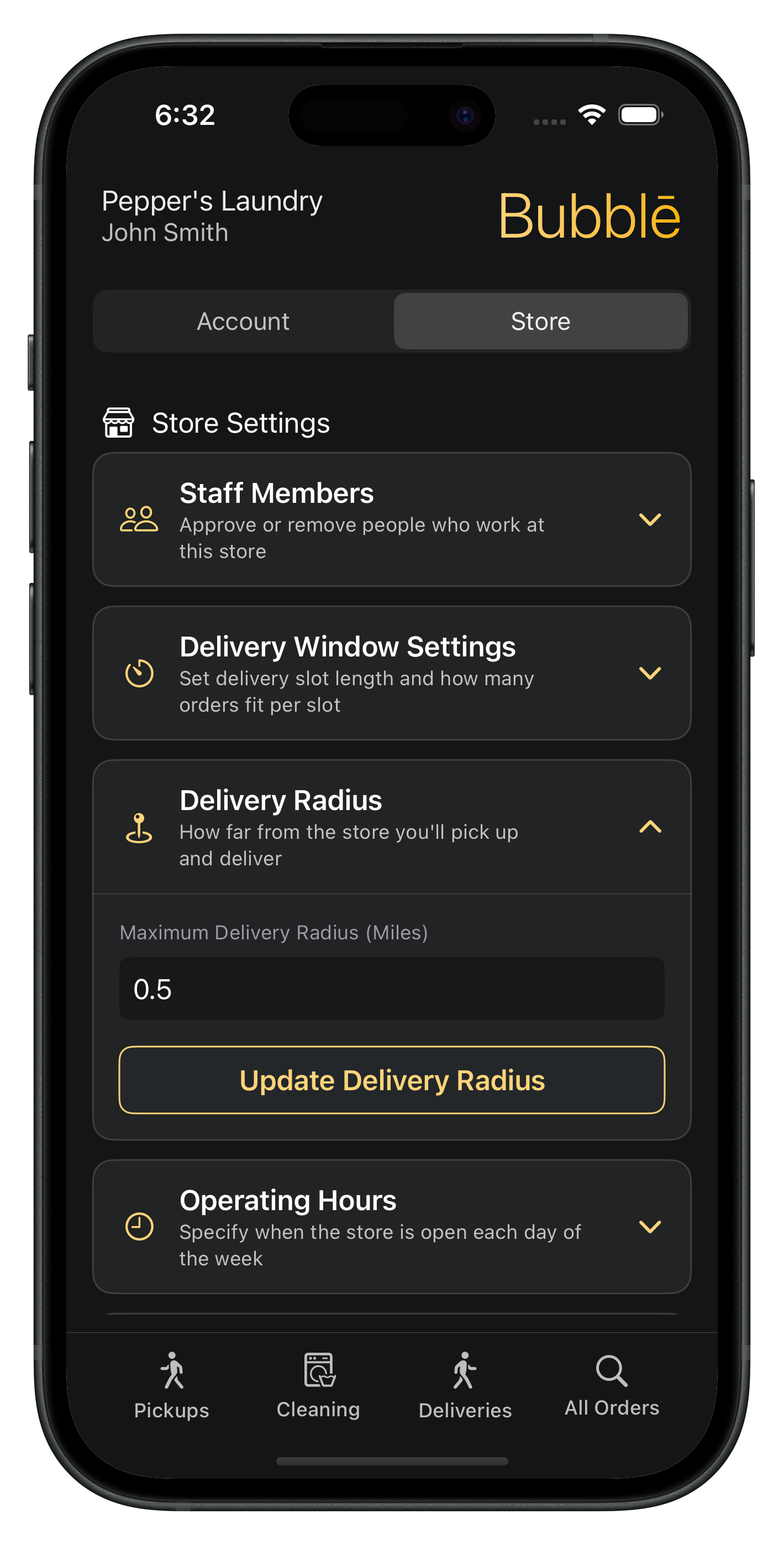 Delivery radius settings
