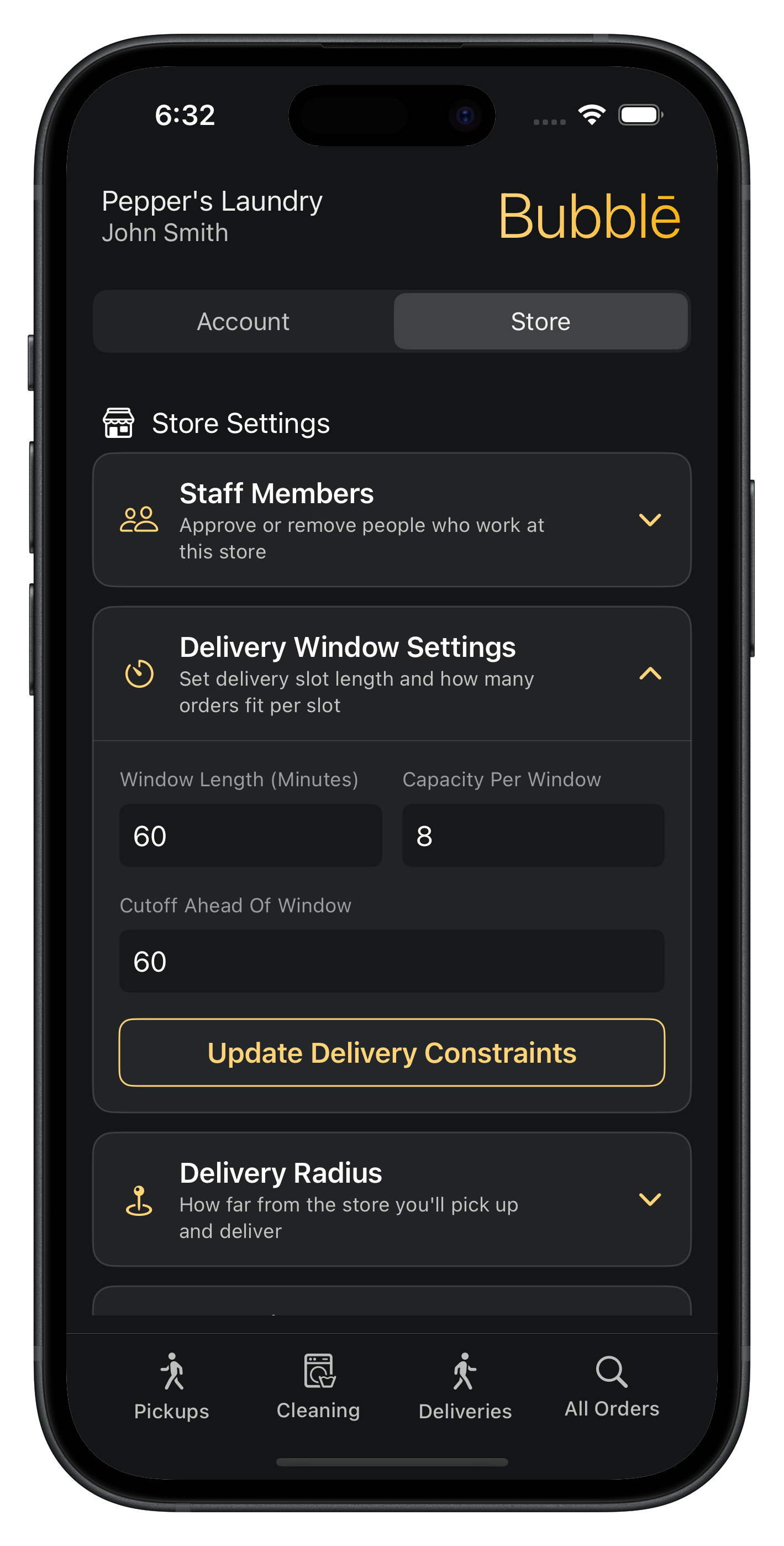 Delivery window settings