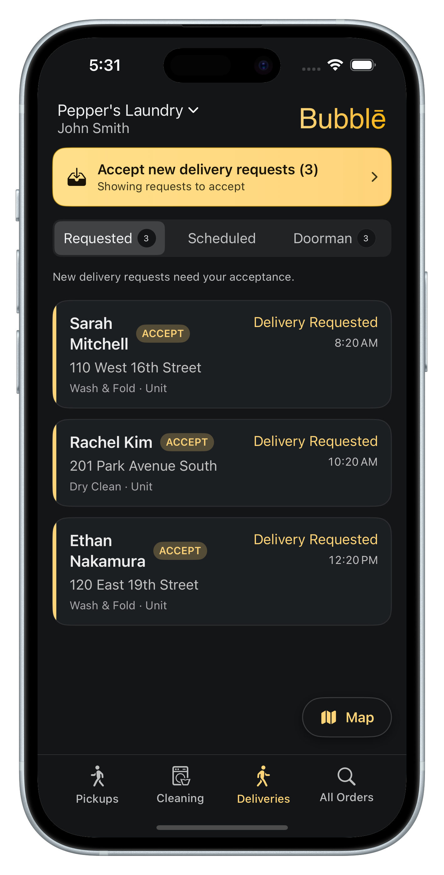 Deliveries view in Bubblē Vendor