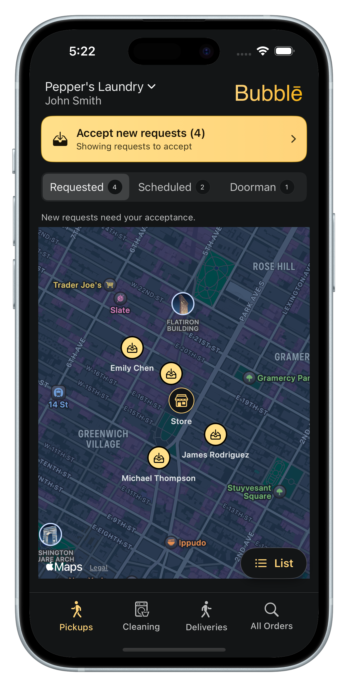 Bubblē Vendor iPhone app — incoming pickup requests on a live map