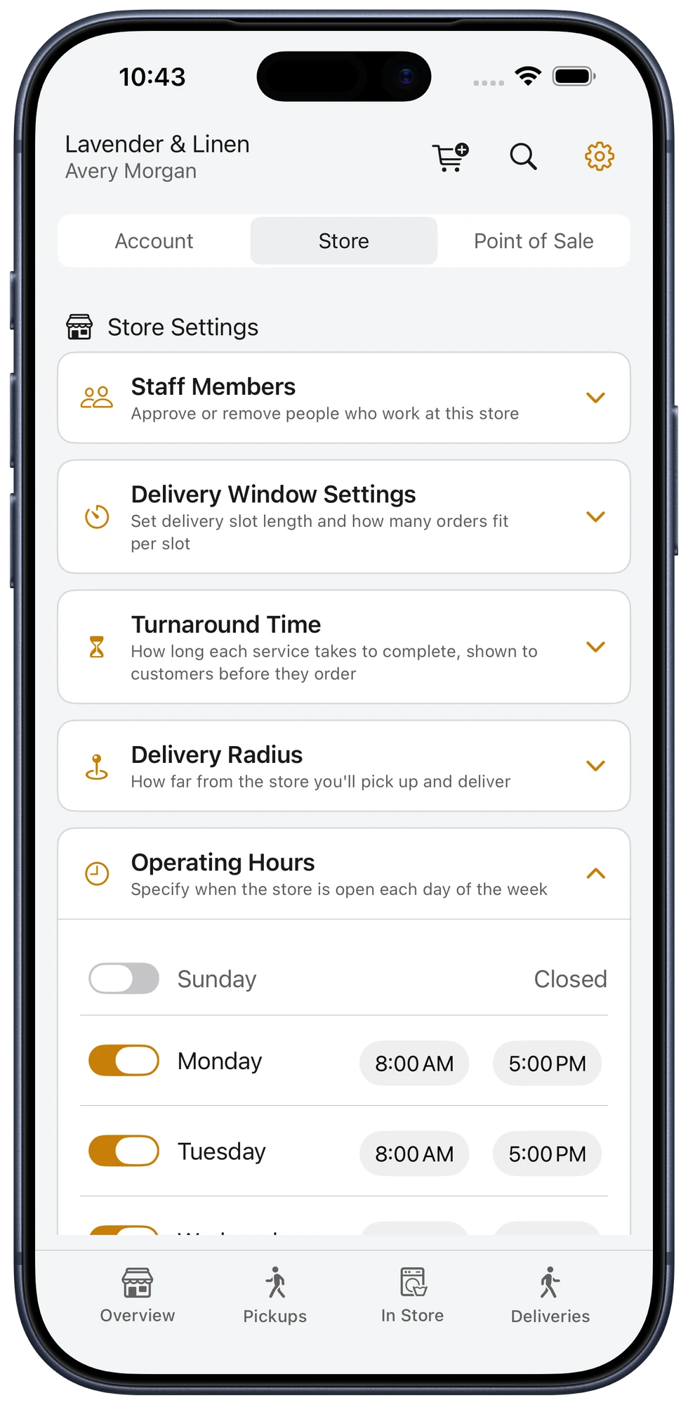 Operating hour controls in Bubblē Vendor
