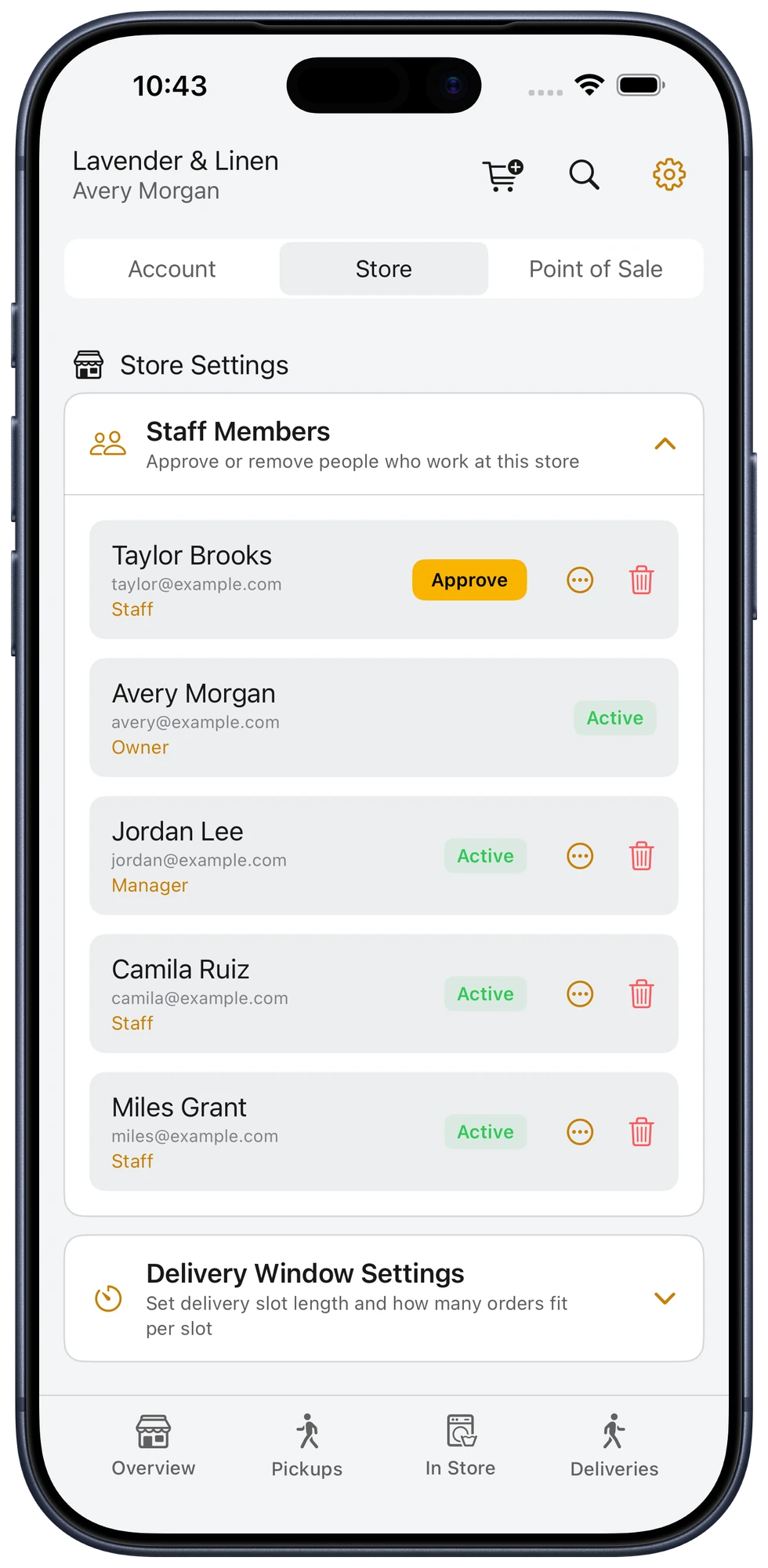 Staff controls in Bubblē Vendor