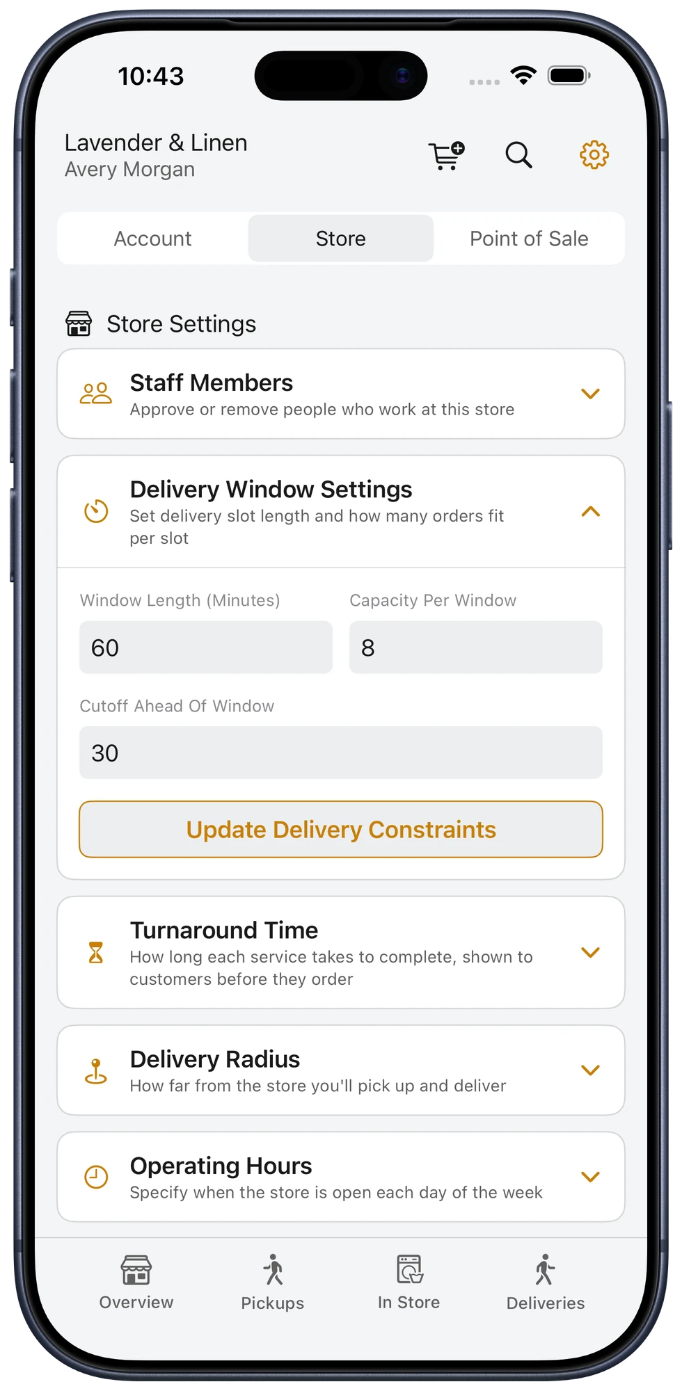 Delivery window controls in Bubblē Vendor